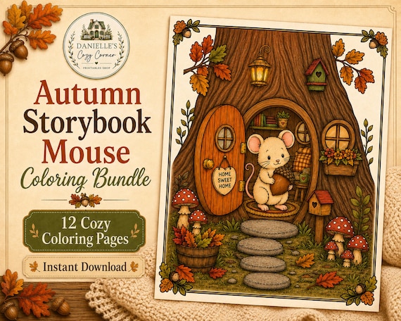 Autumn Storybook Mouse Coloring Bundle, Cozy Fall Coloring Pages, Hygge Adults and Kids (Digital Download)