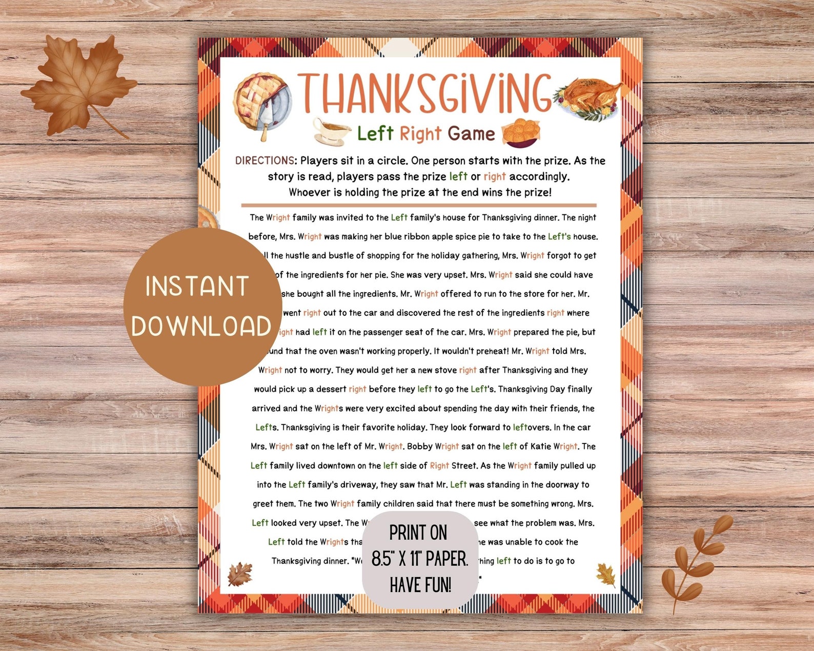 Thanksgiving Left Right Game Printable, Pass the Prize Present Game ...
