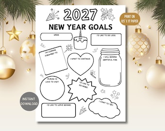 2027 New Year Goals Printable, Coloring Resolutions Worksheet (Instant Download)