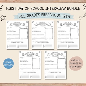 May include: A First Day of School Interview Bundle featuring printable worksheets for preschool through twelfth grade. Each black and white page includes sections for personal details, a drawing space, and favorite things, with a pencil icon.