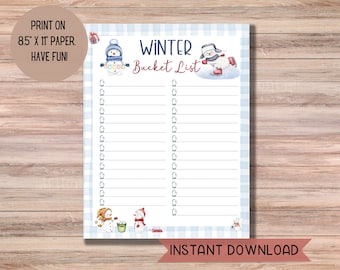 Winter Bucket List Printable, Holiday Bucket List, Holiday To Do List, Winter Checklist, Winter Activities, Instant Download