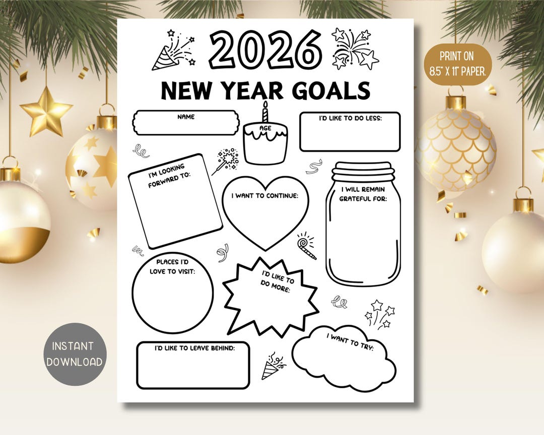 2026 New Year Goals Printable, Coloring Resolutions Worksheet (instant ...