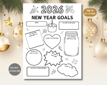 2026 New Year Goals Printable, Coloring Resolutions Worksheet (Instant Download)