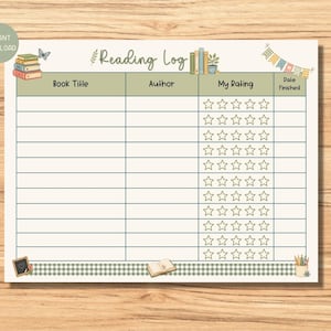 以下が含まれることがあります： Reading Logと書かれた淡い緑色のヘッダーを持つ印刷可能な読書記録シート。Book Title、Author、My Rating（星のアイコン付き）、Date Finishedの列があります。ページには本、蝶、旗のガーランドのイラストが描かれています。