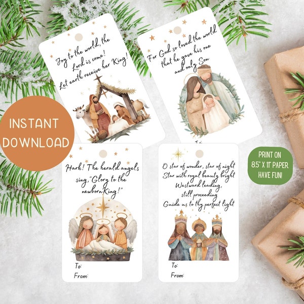 Printable Christmas Nativity Scene Gift Tags, Christian Religious Present Tag, Christmas Scripture Bible Verse Label, Instant Download