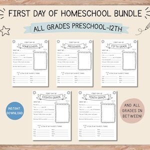 Op de afbeelding: Een "First Day of Homeschool"-bundel met printbare werkbladen voor de kleuterschool tot en met de 12e klas. Elke zwart-witpagina bevat secties voor leerlinginformatie, een fotokader en favorieten. De tekst bevat "First Day of Homeschool Bundle", "All Grades Preschool-12th", "Instant Download" en "And All Grades In Between!".