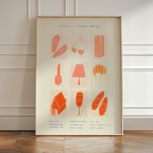 Puede incluir: Una impresión enmarcada con el título "Notas sobre un recuerdo de la infancia" y nueve ilustraciones de objetos cotidianos en rosa y naranja. Los objetos incluyen un par de chanclas, gafas de sol, lápiz labial, una lámpara, un paracaídas, una casa, una copa de vino y un par de zapatos.