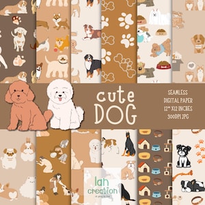 CUTE DOG Digital Paper Pack Pastel Pet Dog Seamless Patterns Background Puppy Printable Scrapbook Paper Anímal Digital Background Fabric