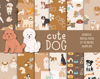 Pastell Hund Digital Paper Pack Boho Welpen Musterdesign (digitaler Download)