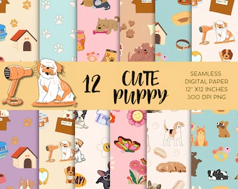 Pastell Hund Digitales Papier Welpe Nahtlose Muster Niedliche Hund druckbare Papier Sammelalbum Haustier Muster Hund Digitales Muster Tierdruck Stoff