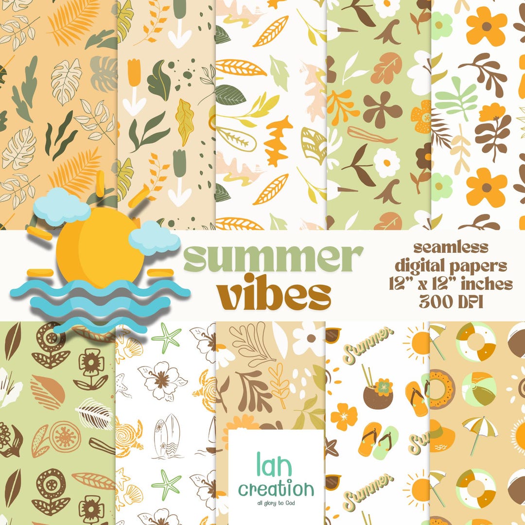 SUMMER Vibes Seamless Digital Paper Retro Flower Summer Printable Paper 