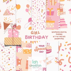 GIRL BIRTHDAY Seamless Digital Papers Birthday Scrapbook Paper Printable Stationery Notebook Party Background Fabric Print Wallpaper
