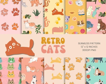 CUTE RETRO CAT Seamless Digital Paper Pack Cat Scrapbook Paper Printable Stationery for Cat Fabric Print Wallpaper Pet Book Cover Journal