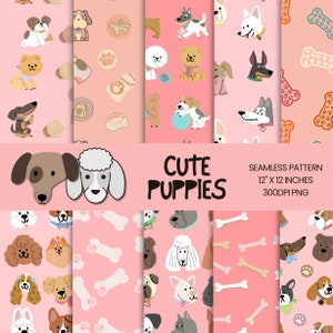 Cute Pink Puppies Seamless Design Dog Pattern Fabric Pet Themed Digital Background Wallpaper Dog Illustration Canine Digital Scrapbook Paper