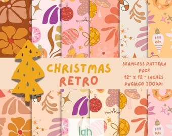 May include: A collection of seamless Christmas retro patterns in various colors, including brown, pink, and orange. The patterns feature festive elements like ornaments, stars, and mushrooms. The image includes the text "CHRISTMAS RETRO" and "SEAMLESS PATTERN PACK 12" x 12" INCHES PNG/RGB 300DPI".