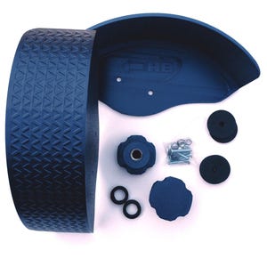 May include: A disassembled dark blue exercise wheel kit. The kit includes a wheel with a textured surface, a curved fender, a central knob, washers, and small hardware. The wheel is designed for fitness and exercise.