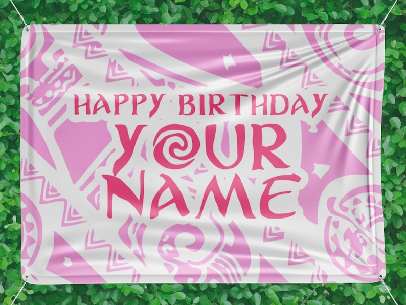 以下が含まれることがあります： ピンク色のテキストとデザインが施された白いバナー。「HAPPY BIRTHDAY YOUR NAME」と書かれています。背景にはピンク色の形とデザインが繰り返されており、誕生日のパーティーに最適です。
