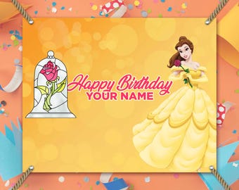 Princess Belle Personalized Birthday Backdrop Vinyl Banner, Custom Name Birthday Party Banner theme decoration