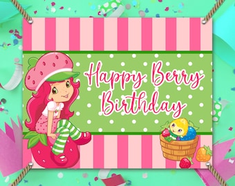 Strawberry Shortcake Birthday Backdrop Vinyl Banner, Custom Name Birthday Party Banner theme decoration