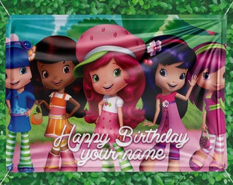 Strawberry Shortcake Birthday Backdrop Vinyl Banner, Custom Name Birthday Party Banner theme decoration
