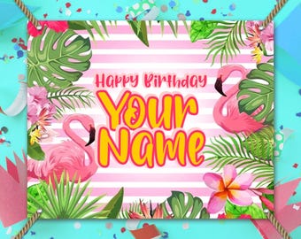 Flamingo BOHO Personalized Birthday Backdrop Vinyl Banner, Custom Name Birthday Party Banner theme decoration