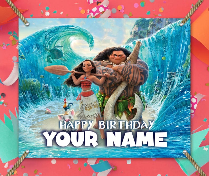 Puede incluir: Una pancarta con personajes de una pel&iacute;cula, con una gran ola de fondo. El texto "Happy Birthday YOUR NAME" se muestra en blanco. Los personajes incluyen una mujer con una paleta y un hombre grande con tatuajes.