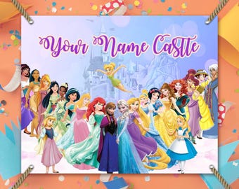 Princess Personalized Birthday Backdrop Vinyl Banner, Custom Name Birthday Party Banner theme decoration