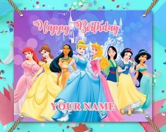 Princess Personalized Birthday Backdrop Vinyl Banner, Custom Name Birthday Party Banner theme decoration