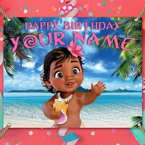 Baby Moana Personalized Birthday Backdrop Vinyl Banner, Custom Name Birthday Party Banner theme decoration bild 1