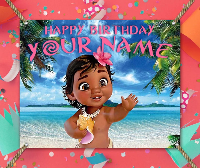 Baby Moana Personalized Birthday Backdrop Vinyl Banner, Custom Name Birthday Party Banner theme decoration bild 1