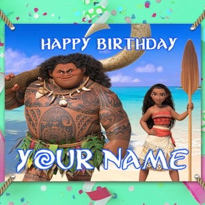 May include: A colorful birthday banner featuring characters from a popular animated movie. The banner has the text "HAPPY BIRTHDAY" and "@YOUR NAME" in a playful font. The background shows a beach scene with blue skies and ocean.