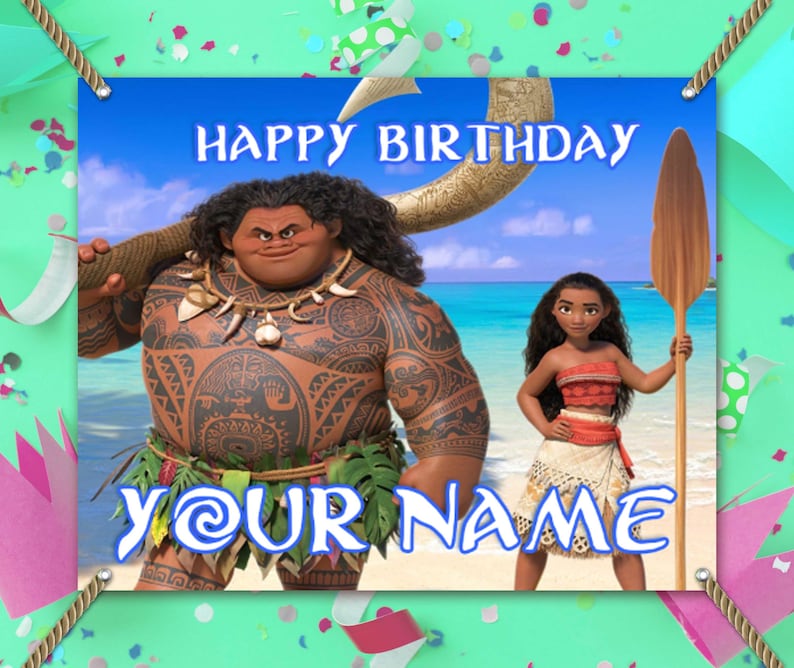May include: A colorful birthday banner featuring characters from a popular animated movie. The banner has the text "HAPPY BIRTHDAY" and "@YOUR NAME" in a playful font. The background shows a beach scene with blue skies and ocean.