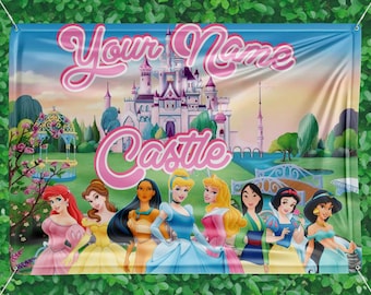 Princess Personalized Birthday Backdrop Vinyl Banner, Custom Name Birthday Party Banner theme decoration