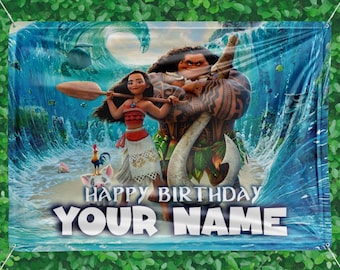 Moana Personalized Birthday Backdrop Vinyl Banner, Custom Name Birthday Party Banner theme decoration
