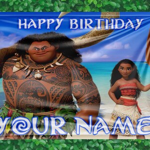 May include: A blue banner with the words "HAPPY BIRTHDAY" and "YOUR NAME" in white and blue. The banner features illustrations of characters from a popular animated movie, set against a tropical beach backdrop.