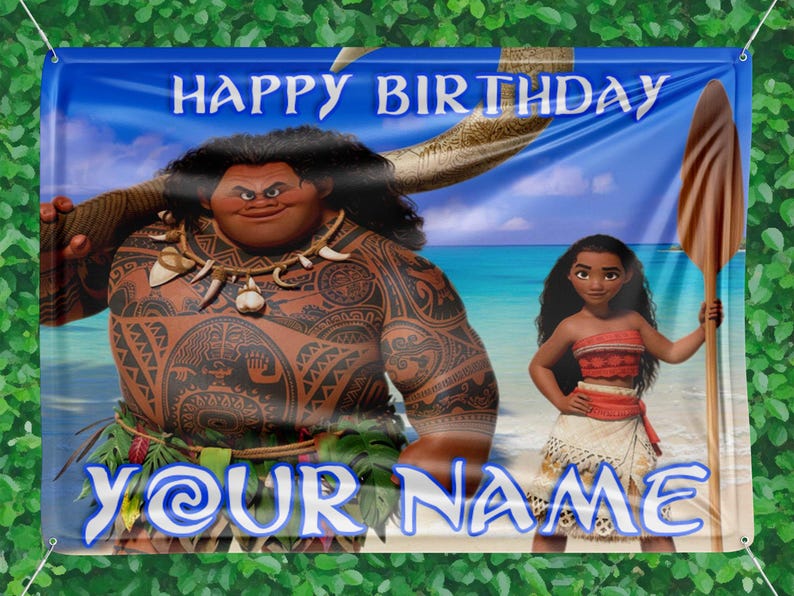 May include: A blue banner with the words "HAPPY BIRTHDAY" and "YOUR NAME" in white and blue. The banner features illustrations of characters from a popular animated movie, set against a tropical beach backdrop.