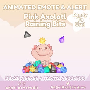 Puede incluir: Emote y alerta animada con un ajolote rosa y el texto "Pink Axolotl Raining Bits" y "Ready To Use!". El ajolote está rodeado de formas geométricas coloridas. La imagen incluye tamaños 28x28, 56x56, 112x112 y 500x500.