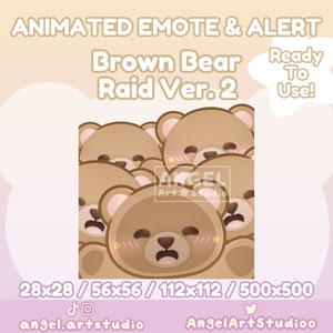 May include: Animated brown bear emote and alert in various sizes: 28x28, 56x56, 112x112, and 500x500. The bear has a cute, sleepy expression with blush on its cheeks. The text "Ready To Use!" is in a pink star shape. The text "Angel Art Studio" is in white with a star.