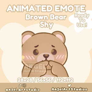 Puede incluir: Un emote de oso pardo animado con una expresión tímida. El oso tiene un cuerpo marrón claro, orejas internas rosas y mejillas sonrojadas. El texto incluye "ANIMATED EMOTE", "Brown Bear", "Shy" y "Ready To Use!" con dimensiones.