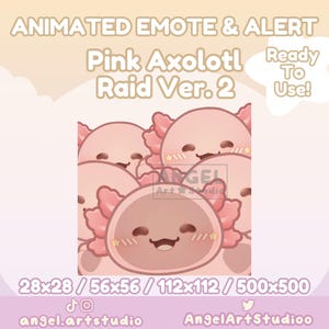 Puede incluir: Emoticono y alerta animados de axolotl rosa en varios tamaños: 28x28, 56x56, 112x112 y 500x500. El axolotl sonríe con los ojos cerrados y tiene una combinación de colores rosa y blanco. El texto "Ready To Use!" está en la esquina superior derecha.