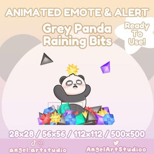 Könnte beinhalten: Animierte Emote-Grafik mit einem grauen Panda und dem Text "Grey Panda Raining Bits". Der Panda ist von bunten geometrischen Formen umgeben. Der Text "Ready To Use!" befindet sich in einer Sprechblase.