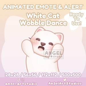 以下が含まれることがあります： 28x28、56x56、112x112、500x500 のさまざまなサイズでアニメーション化された白い猫の感情表現とアラート。猫は白で、ピンクの頬をしていて、ぐらぐらと踊っています。「Ready To Use!」というテキストが右上の隅にあります。「ANGEL Art Studio」というテキストが右下の隅にあります。「angel.artstudio」というテキストが左下の隅にあります。