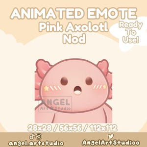May include: Animated pink axolotl emoji with a surprised expression, nodding its head. The emoji is ready to use in digital communication. Available in three sizes: 28x28, 56x56, and 112x112 pixels.