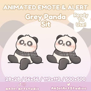 Può includere: Emoticona digitale animata di un panda grigio seduto con guance rosee. Il testo recita "ANIMATED EMOTE & ALERT Grey Panda Sit Ready To Use!" con specifiche delle dimensioni e handle dei social media.