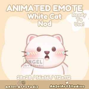 May include: Animated white cat emote with pink cheeks and a surprised expression, nodding its head. The emote is available in three sizes: 28x28, 56x56, and 112x112 pixels. The text "ANGEL Art Studio" is visible in the lower left corner of the image.
