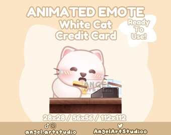 Emote animado de gato blanco al deslizar tarjeta de crédito o dinero para Twitch, Discord, YouTube y Kickstarter.