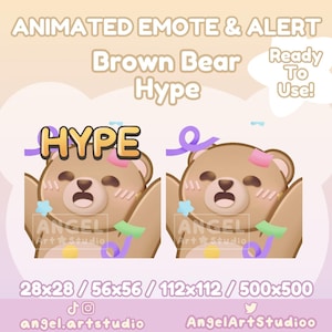 May include: Animated emote and alert featuring a brown bear with the word "HYPE" above its head. The bear has a surprised expression and is surrounded by confetti and ribbons. Text includes "Ready To Use!" and size dimensions.