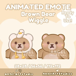 以下が含まれることがあります： 白い鳥の衣装を着た茶色のクマのアニメーション絵文字。クマは口を開けて驚いた表情をしています。「ANIMATED EMOTE」というテキストが画像の上部にあり、「Brown Bear Wiggle」というテキストがクマの下にあります。「Ready To Use!」というテキストは、クマの右側に星形になっています。「ANGEL Art Studio」というテキストはクマの下にあります。「28x28 / 56x56 / 112x112」というテキストはクマの下にあります。「angel.artstudio」というテキストは「28x28 / 56x56 / 112x112」というテキストの下にあります。「AngelArtStudioo」というテキストは「28x28 / 56x56 / 112x112」というテキストの下にあります。