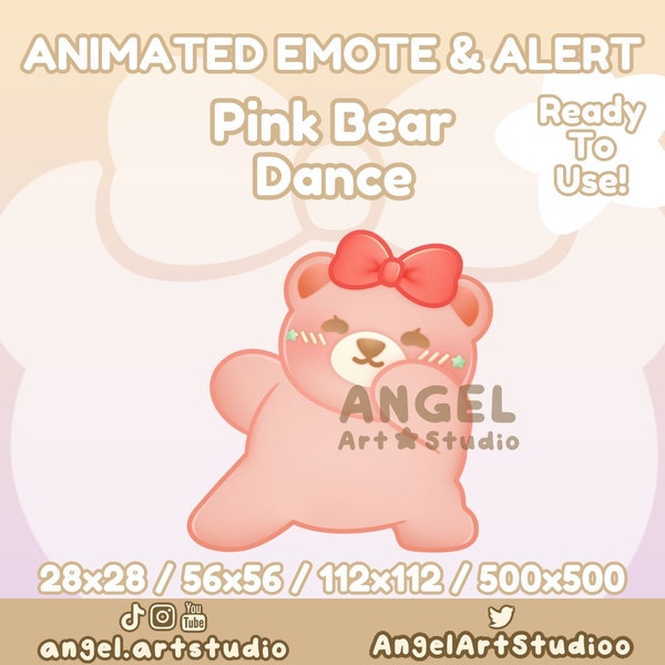 Animated Strawberry Pink Bear Dance | Rave | Cat Meme | Dancing | Partying Emote and Alert for Twitch, Discord, YouTube | Red Bow | Ribbon