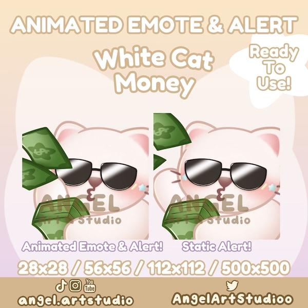 Animated White Cat Rich Cash Throwing | Money Rain | Dono Emote and Alert for Twitch, Discord, YouTube | Alert in Static Version included!